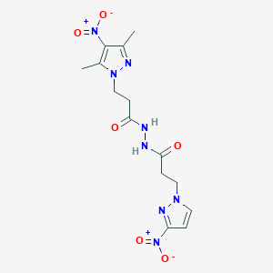 molecular formula C14H18N8O6 B455994 N'-(3-{4-nitro-3,5-dimethyl-1H-pyrazol-1-yl}propanoyl)-3-{3-nitro-1H-pyrazol-1-yl}propanohydrazide 