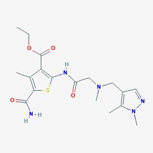 molecular formula C18H25N5O4S B4560284 ethyl 5-(aminocarbonyl)-2-({N-[(1,5-dimethyl-1H-pyrazol-4-yl)methyl]-N-methylglycyl}amino)-4-methyl-3-thiophenecarboxylate 