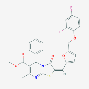 molecular formula C27H20F2N2O5S B456173 methyl 2-({5-[(2,4-difluorophenoxy)methyl]-2-furyl}methylene)-7-methyl-3-oxo-5-phenyl-2,3-dihydro-5H-[1,3]thiazolo[3,2-a]pyrimidine-6-carboxylate 