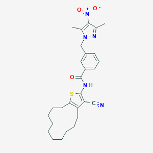 molecular formula C28H33N5O3S B456191 N-(3-cyano-4,5,6,7,8,9,10,11,12,13-decahydrocyclododeca[b]thiophen-2-yl)-3-[(3,5-dimethyl-4-nitro-1H-pyrazol-1-yl)methyl]benzamide 