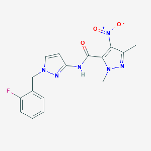 molecular formula C16H15FN6O3 B456220 N-[1-(2-fluorobenzyl)-1H-pyrazol-3-yl]-1,3-dimethyl-4-nitro-1H-pyrazole-5-carboxamide 