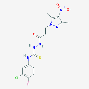 molecular formula C15H16ClFN6O3S B456233 N-(3-CHLORO-4-FLUOROPHENYL)-2-[3-(3,5-DIMETHYL-4-NITRO-1H-PYRAZOL-1-YL)PROPANOYL]-1-HYDRAZINECARBOTHIOAMIDE 