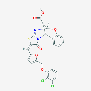 molecular formula C27H20Cl2N2O6S B456295 METHYL (2E)-2-({5-[(2,3-DICHLOROPHENOXY)METHYL]-2-FURYL}METHYLENE)-5-METHYL-1-OXO-1,2-DIHYDRO-5H,11H-5,11-METHANO[1,3]THIAZOLO[2,3-D][1,3,5]BENZOXADIAZOCINE-13-CARBOXYLATE 
