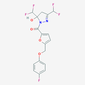 molecular formula C17H13F5N2O4 B456319 3,5-bis(difluoromethyl)-1-{5-[(4-fluorophenoxy)methyl]-2-furoyl}-4,5-dihydro-1H-pyrazol-5-ol 