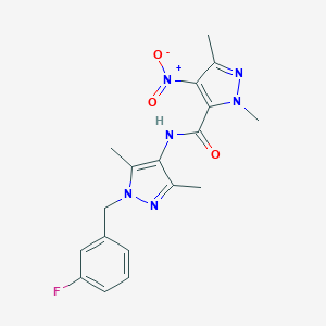 molecular formula C18H19FN6O3 B456339 N-[1-(3-fluorobenzyl)-3,5-dimethyl-1H-pyrazol-4-yl]-4-nitro-1,3-dimethyl-1H-pyrazole-5-carboxamide 