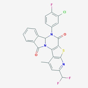 molecular formula C24H13ClF3N3O2S B456358 12-(3-chloro-4-fluorophenyl)-6-(difluoromethyl)-4-methyl-9-thia-1,7,12-triazapentacyclo[11.7.0.02,10.03,8.014,19]icosa-2(10),3(8),4,6,14,16,18-heptaene-11,20-dione 