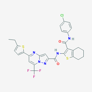 molecular formula C29H23ClF3N5O2S2 B456451 N-[3-[(4-chlorophenyl)carbamoyl]-4,5,6,7-tetrahydro-1-benzothiophen-2-yl]-5-(5-ethylthiophen-2-yl)-7-(trifluoromethyl)pyrazolo[1,5-a]pyrimidine-2-carboxamide 
