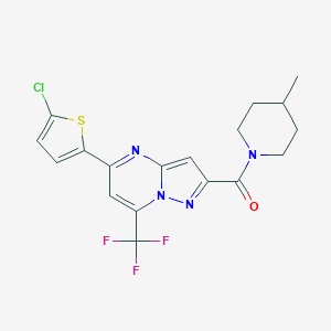 molecular formula C18H16ClF3N4OS B456485 1-[5-(5-CHLOROTHIOPHEN-2-YL)-7-(TRIFLUOROMETHYL)PYRAZOLO[1,5-A]PYRIMIDINE-2-CARBONYL]-4-METHYLPIPERIDINE 