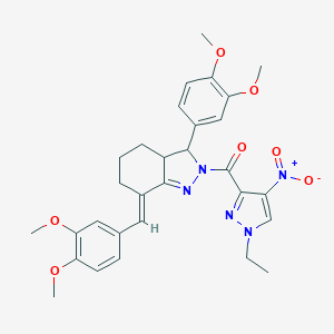 molecular formula C30H33N5O7 B456586 7-(3,4-dimethoxybenzylidene)-3-(3,4-dimethoxyphenyl)-2-({1-ethyl-4-nitro-1H-pyrazol-3-yl}carbonyl)-3,3a,4,5,6,7-hexahydro-2H-indazole 