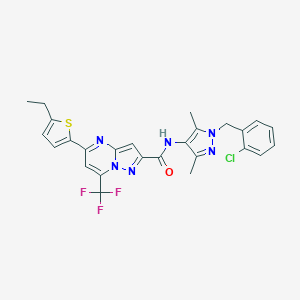 molecular formula C26H22ClF3N6OS B456677 N-[1-(2-chlorobenzyl)-3,5-dimethyl-1H-pyrazol-4-yl]-5-(5-ethyl-2-thienyl)-7-(trifluoromethyl)pyrazolo[1,5-a]pyrimidine-2-carboxamide 
