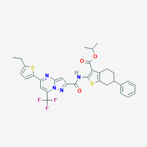 molecular formula C32H29F3N4O3S2 B456725 Isopropyl 2-({[5-(5-ethyl-2-thienyl)-7-(trifluoromethyl)pyrazolo[1,5-a]pyrimidin-2-yl]carbonyl}amino)-6-phenyl-4,5,6,7-tetrahydro-1-benzothiophene-3-carboxylate 