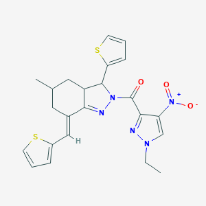 molecular formula C23H23N5O3S2 B456766 (1-ETHYL-4-NITRO-1H-PYRAZOL-3-YL){5-METHYL-3-(2-THIENYL)-7-[(E)-1-(2-THIENYL)METHYLIDENE]-3,3A,4,5,6,7-HEXAHYDRO-2H-INDAZOL-2-YL}METHANONE 