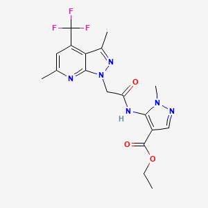 molecular formula C18H19F3N6O3 B4568036 ethyl 5-({[3,6-dimethyl-4-(trifluoromethyl)-1H-pyrazolo[3,4-b]pyridin-1-yl]acetyl}amino)-1-methyl-1H-pyrazole-4-carboxylate 