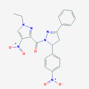 molecular formula C21H18N6O5 B456842 1-({1-ethyl-4-nitro-1H-pyrazol-3-yl}carbonyl)-5-{4-nitrophenyl}-3-phenyl-4,5-dihydro-1H-pyrazole 