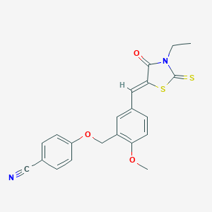 molecular formula C21H18N2O3S2 B456904 4-({5-[(3-Ethyl-4-oxo-2-thioxo-1,3-thiazolidin-5-ylidene)methyl]-2-methoxybenzyl}oxy)benzonitrile 
