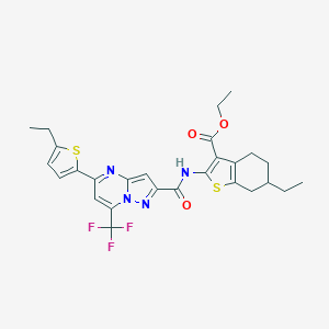 molecular formula C27H27F3N4O3S2 B457058 Ethyl 6-ethyl-2-({[5-(5-ethyl-2-thienyl)-7-(trifluoromethyl)pyrazolo[1,5-a]pyrimidin-2-yl]carbonyl}amino)-4,5,6,7-tetrahydro-1-benzothiophene-3-carboxylate 