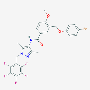 molecular formula C27H21BrF5N3O3 B457094 3-[(4-bromophenoxy)methyl]-N-[3,5-dimethyl-1-(2,3,4,5,6-pentafluorobenzyl)-1H-pyrazol-4-yl]-4-methoxybenzamide 