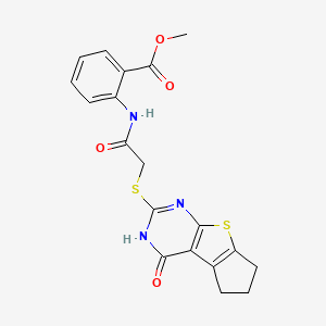 molecular formula C19H17N3O4S2 B4575949 methyl 2-[2-(4-oxo-3,5,6,7-tetrahydrocyclopenta[1,2-d]pyrimidino[4,5-b]thiophe n-2-ylthio)acetylamino]benzoate 