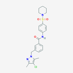 molecular formula C24H27ClN4O3S B457625 3-[(4-CHLORO-3,5-DIMETHYL-1H-PYRAZOL-1-YL)METHYL]-N-[4-(PIPERIDINE-1-SULFONYL)PHENYL]BENZAMIDE 