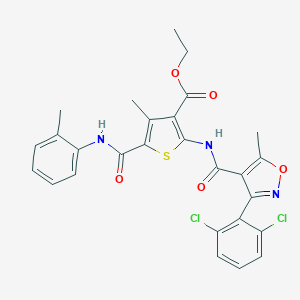molecular formula C27H23Cl2N3O5S B457693 Ethyl 2-({[3-(2,6-dichlorophenyl)-5-methyl-4-isoxazolyl]carbonyl}amino)-4-methyl-5-(2-toluidinocarbonyl)-3-thiophenecarboxylate 