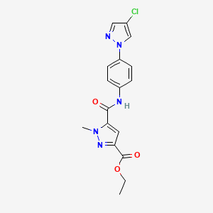 molecular formula C17H16ClN5O3 B4577240 ethyl 5-{[4-(4-chloro-1H-pyrazol-1-yl)phenyl]carbamoyl}-1-methyl-1H-pyrazole-3-carboxylate 