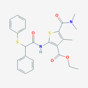 molecular formula C25H26N2O4S2 B457890 ethyl 5-[(dimethylamino)carbonyl]-4-methyl-2-{[phenyl(phenylsulfanyl)acetyl]amino}-3-thiophenecarboxylate 