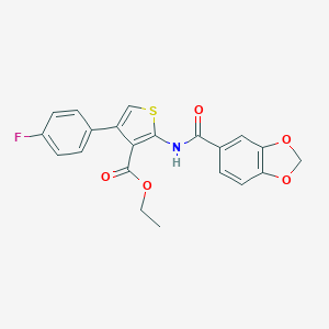 molecular formula C21H16FNO5S B457966 ETHYL 2-(2H-1,3-BENZODIOXOLE-5-AMIDO)-4-(4-FLUOROPHENYL)THIOPHENE-3-CARBOXYLATE 