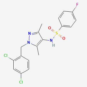 molecular formula C18H16Cl2FN3O2S B4579990 N~1~-[1-(2,4-DICHLOROBENZYL)-3,5-DIMETHYL-1H-PYRAZOL-4-YL]-4-FLUORO-1-BENZENESULFONAMIDE 