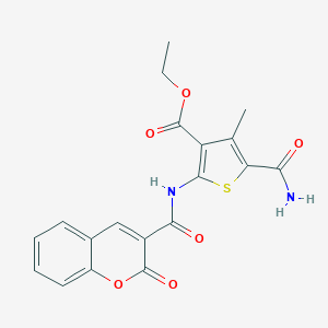 molecular formula C19H16N2O6S B458077 ETHYL 5-CARBAMOYL-4-METHYL-2-(2-OXO-2H-CHROMENE-3-AMIDO)THIOPHENE-3-CARBOXYLATE 