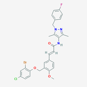 molecular formula C29H26BrClFN3O3 B458089 (E)-3-{3-[(2-BROMO-4-CHLOROPHENOXY)METHYL]-4-METHOXYPHENYL}-N-[1-(4-FLUOROBENZYL)-3,5-DIMETHYL-1H-PYRAZOL-4-YL]-2-PROPENAMIDE 