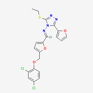 molecular formula C20H16Cl2N4O3S B4581352 N-((E)-1-{5-[(2,4-DICHLOROPHENOXY)METHYL]-2-FURYL}METHYLIDENE)-N-[3-(ETHYLSULFANYL)-5-(2-FURYL)-4H-1,2,4-TRIAZOL-4-YL]AMINE 