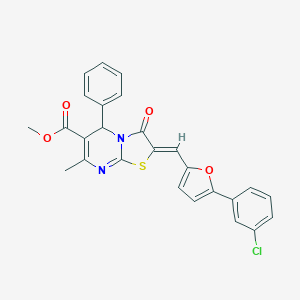 molecular formula C26H19ClN2O4S B458327 METHYL 2-{(Z)-1-[5-(3-CHLOROPHENYL)-2-FURYL]METHYLIDENE}-7-METHYL-3-OXO-5-PHENYL-5H-[1,3]THIAZOLO[3,2-A]PYRIMIDINE-6(3H)-CARBOXYLATE 