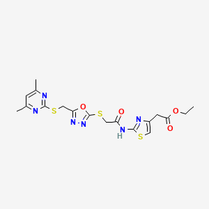 molecular formula C18H20N6O4S3 B4583280 ETHYL 2-(2-{2-[(5-{[(4,6-DIMETHYLPYRIMIDIN-2-YL)SULFANYL]METHYL}-1,3,4-OXADIAZOL-2-YL)SULFANYL]ACETAMIDO}-1,3-THIAZOL-4-YL)ACETATE 