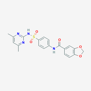 molecular formula C20H18N4O5S B458335 N-{4-[(4,6-DIMETHYL-2-PYRIMIDINYL)SULFAMOYL]PHENYL}-1,3-BENZODIOXOLE-5-CARBOXAMIDE 