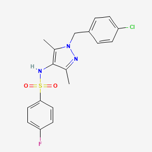 molecular formula C18H17ClFN3O2S B4583650 N~1~-[1-(4-CHLOROBENZYL)-3,5-DIMETHYL-1H-PYRAZOL-4-YL]-4-FLUORO-1-BENZENESULFONAMIDE 