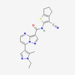 molecular formula C21H19N7OS B4584360 N-(3-cyano-5,6-dihydro-4H-cyclopenta[b]thiophen-2-yl)-7-(1-ethyl-5-methyl-1H-pyrazol-4-yl)pyrazolo[1,5-a]pyrimidine-3-carboxamide 