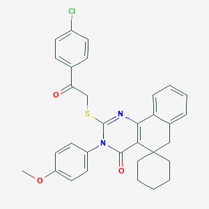 molecular formula C32H29ClN2O3S B458526 2-{[2-(4-CHLOROPHENYL)-2-OXOETHYL]SULFANYL}-3-(4-METHOXYPHENYL)-4,6-DIHYDRO-3H-SPIRO[BENZO[H]QUINAZOLINE-5,1'-CYCLOHEXAN]-4-ONE 