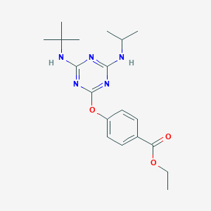 molecular formula C19H27N5O3 B458778 Ethyl 4-{[4-(tert-butylamino)-6-(isopropylamino)-1,3,5-triazin-2-yl]oxy}benzoate 