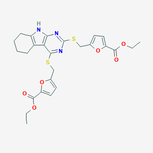 molecular formula C26H27N3O6S2 B458807 ETHYL 5-({[2-({[5-(ETHOXYCARBONYL)FURAN-2-YL]METHYL}SULFANYL)-5H,6H,7H,8H,9H-PYRIMIDO[4,5-B]INDOL-4-YL]SULFANYL}METHYL)FURAN-2-CARBOXYLATE 