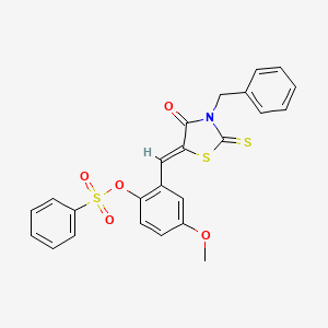 molecular formula C24H19NO5S3 B4589703 [2-[(Z)-(3-benzyl-4-oxo-2-sulfanylidene-1,3-thiazolidin-5-ylidene)methyl]-4-methoxyphenyl] benzenesulfonate 