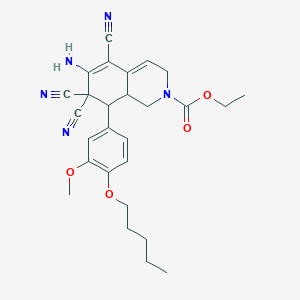 molecular formula C27H31N5O4 B459193 Ethyl 6-amino-5,7,7-tricyano-8-(3-methoxy-4-pentoxyphenyl)-1,3,8,8a-tetrahydroisoquinoline-2-carboxylate CAS No. 445265-59-8