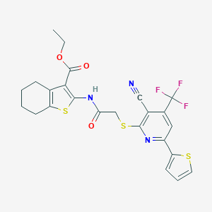 molecular formula C24H20F3N3O3S3 B459203 Ethyl 2-[({[3-cyano-6-(2-thienyl)-4-(trifluoromethyl)-2-pyridinyl]sulfanyl}acetyl)amino]-4,5,6,7-tetrahydro-1-benzothiophene-3-carboxylate 