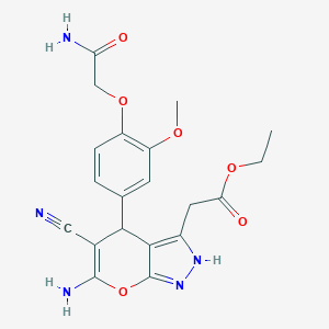molecular formula C20H21N5O6 B459396 Ethyl {6-amino-4-[4-(2-amino-2-oxoethoxy)-3-methoxyphenyl]-5-cyano-2,4-dihydropyrano[2,3-c]pyrazol-3-yl}acetate 