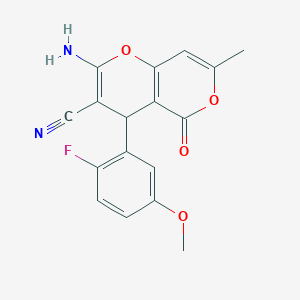 2-amino-4-(2-fluoro-5-methoxyphenyl)-7-methyl-5-oxo-4H,5H-pyrano[4,3-b]pyran-3-carbonitrile