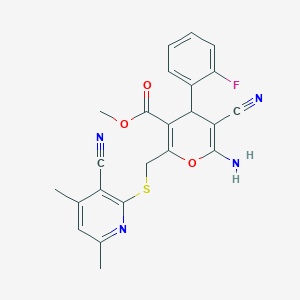 molecular formula C23H19FN4O3S B459439 methyl 6-amino-5-cyano-2-{[(3-cyano-4,6-dimethylpyridin-2-yl)sulfanyl]methyl}-4-(2-fluorophenyl)-4H-pyran-3-carboxylate CAS No. 354554-88-4