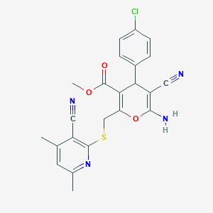 molecular formula C23H19ClN4O3S B459443 methyl 6-amino-4-(4-chlorophenyl)-5-cyano-2-[(3-cyano-4,6-dimethylpyridin-2-yl)sulfanylmethyl]-4H-pyran-3-carboxylate CAS No. 354554-89-5