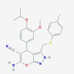 molecular formula C25H26N4O3S B459521 6-Amino-4-(3-methoxy-4-propan-2-yloxyphenyl)-3-[(4-methylphenyl)sulfanylmethyl]-2,4-dihydropyrano[2,3-c]pyrazole-5-carbonitrile CAS No. 445266-62-6