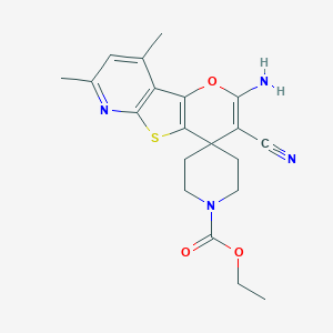 molecular formula C20H22N4O3S B459561 ethyl 4-amino-5-cyano-11,13-dimethylspiro[3-oxa-8-thia-10-azatricyclo[7.4.0.02,7]trideca-1(9),2(7),4,10,12-pentaene-6,4'-piperidine]-1'-carboxylate CAS No. 445266-75-1