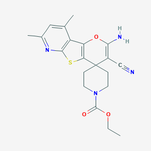 molecular formula C20H22N4O3S B459561 ethyl 2'-amino-3'-cyano-7',9'-dimethyl-1H-spiro[piperidine-4,4'-pyrano[2',3':4,5]thieno[2,3-b]pyridine]-1-carboxylate CAS No. 445266-75-1