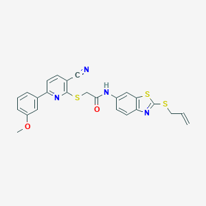 molecular formula C25H20N4O2S3 B459876 2-[3-cyano-6-(3-methoxyphenyl)pyridin-2-yl]sulfanyl-N-(2-prop-2-enylsulfanyl-1,3-benzothiazol-6-yl)acetamide CAS No. 445380-79-0